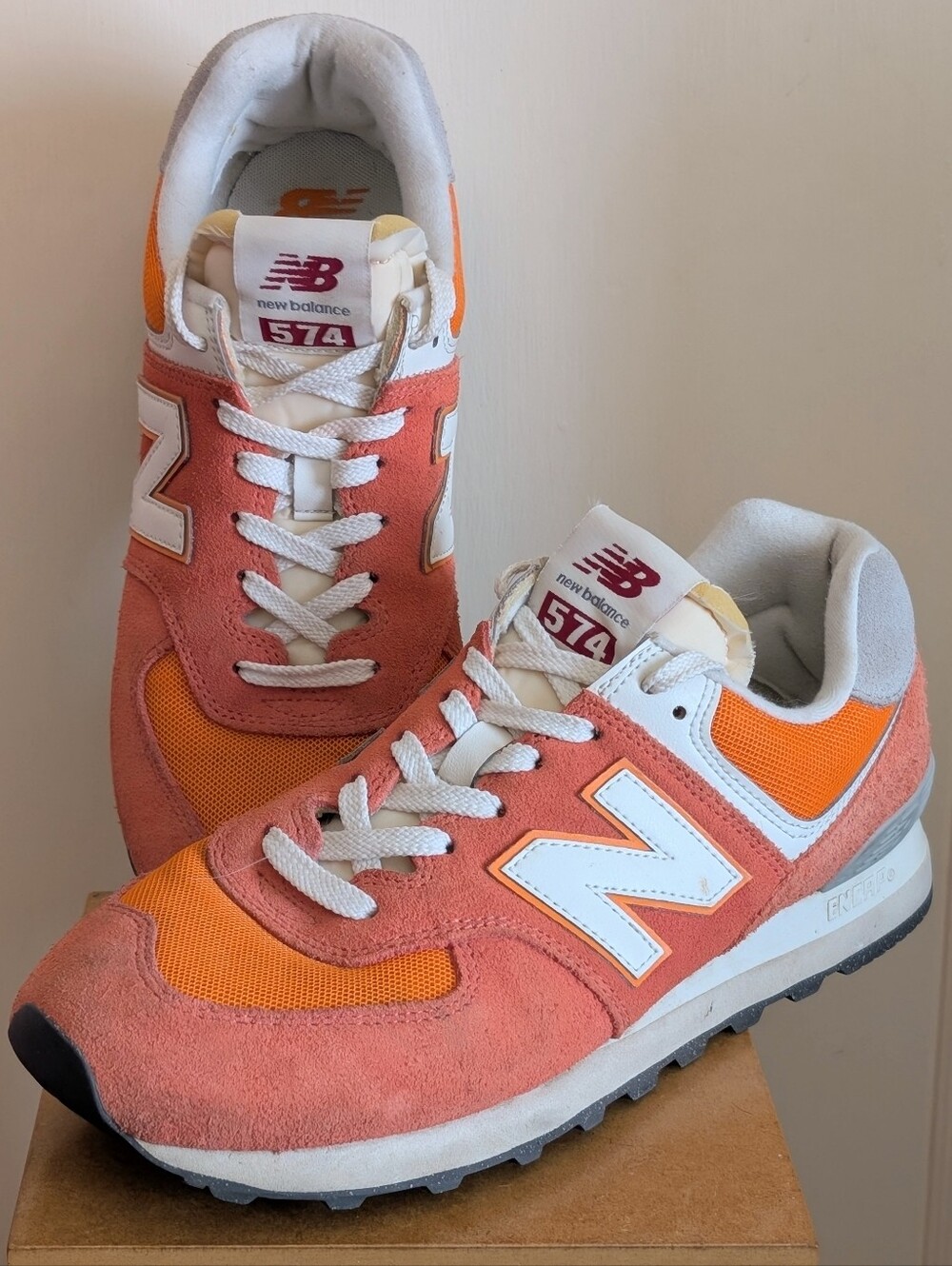 New Balance 574 'Gulf Red' Men's Size 9 Orange Red Colorblock Suede Material